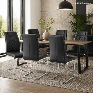 6-Seater ARCH High-Back PU Leather Dining Chairs, Modern Kitchen Chairs with Lumbar Support, Bow Frame, Silver Legs, Minimalist Indoor Furniture for Dining & Kitchen Rooms (Black), Six Seaters