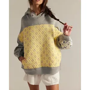 Women’s Fashion Hoodies Long Sleeve Floral Print Quilted Patchwork Sweatshirts Streetwear Tops Casual Birthday