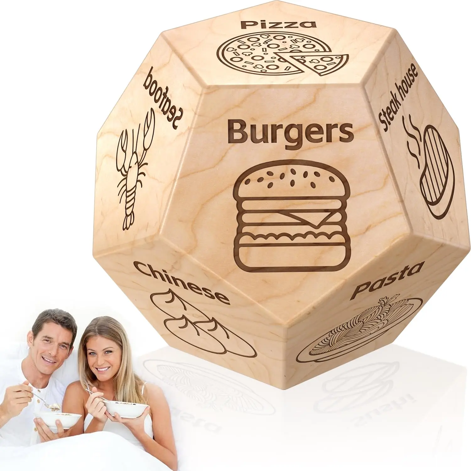 Date Night Food Dice for Couples - Wooden Decision Dice with 12 Food Choices - Perfect for Valentine's Day, Anniversary, Christmas, and Birthday Gifts - Funny and Durable Gift for Him and Her