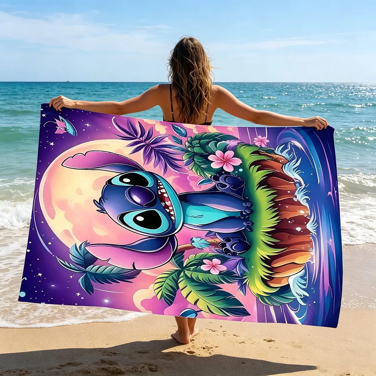 Stitch Beach Towel, Tropical Floral Print, Super Large Quick-Dry Bath Towel, Pool Party, Beach Vacation, Summer Outdoor Use, Sandproof Sunscreen