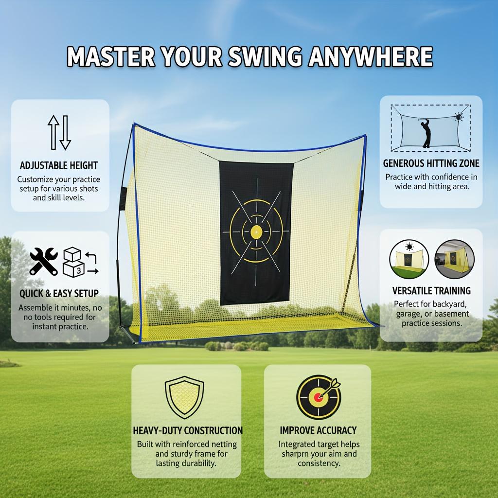 A Golf Practice Net Featuring a Spacious 10X7-Foot Mesh, Complete with a Target Fabric. This Personal Practice Range Is Crafted for Golfers, Suitable for Both Indoor And Outdoor Use