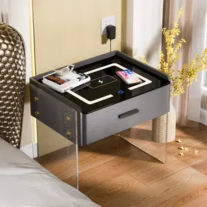 Modern LED Smark Nightstand with Wireless Charging, Smart End Table light furniture bedroom top charging station wood nightstand bed side table Gaming Desk Aesthetic Mini desk