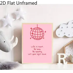 2D Flat 1pc Unframed Pink Background with Red Disco Ball and Inspirational Quote Life Is Short, Poster Print, Artwork Wall Painting for Gift, Bedroom, Living Room, Office, Wall Decor, Dormitory Decor, Home Decoration, Gift for Valentine's Day