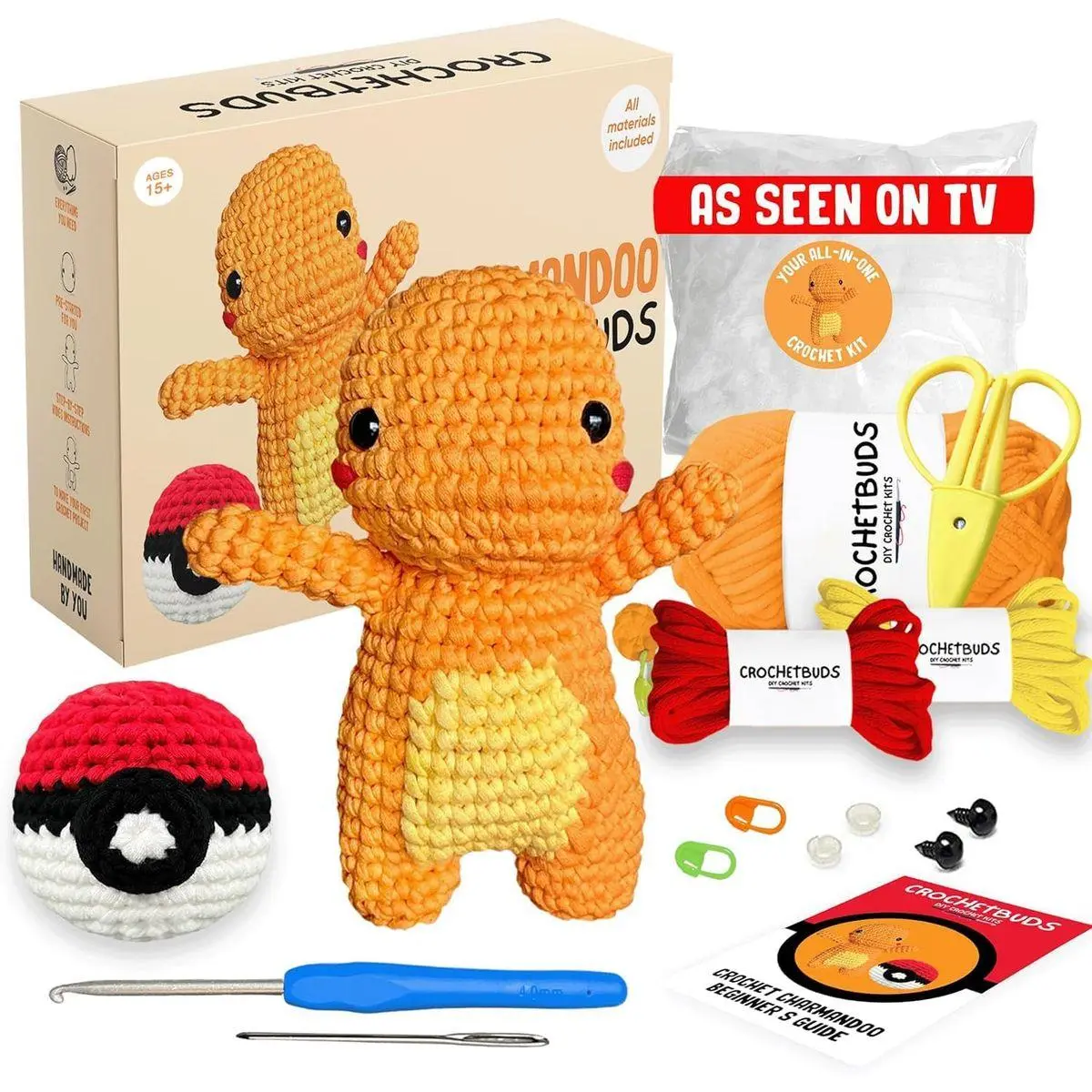 Charmandoo Crochet Kit | Intermediate Level | Great for Couples, Date Night, Teens, Adults, & Anime Lovers | DIY Gift Kit w/Ball | Instructions, Yarn, Hook, Video & Written Tutorial [Ages 15+]