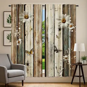 2-Piece set,rustic wildflower butterfly pattern curtains, Window curtain,brown barn wood grain printing,rod pocket installation,translucent, suitable for home decoration, casual style curtains