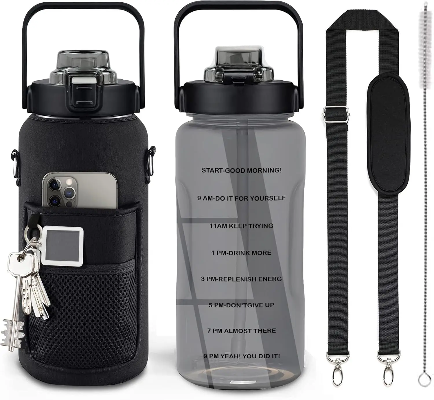 64oz Half Gallon Water Bottle | Motivational Time Marker, Straw & Sleeve | Leakproof, BPA-Free Sports Jug for Gym & Workout