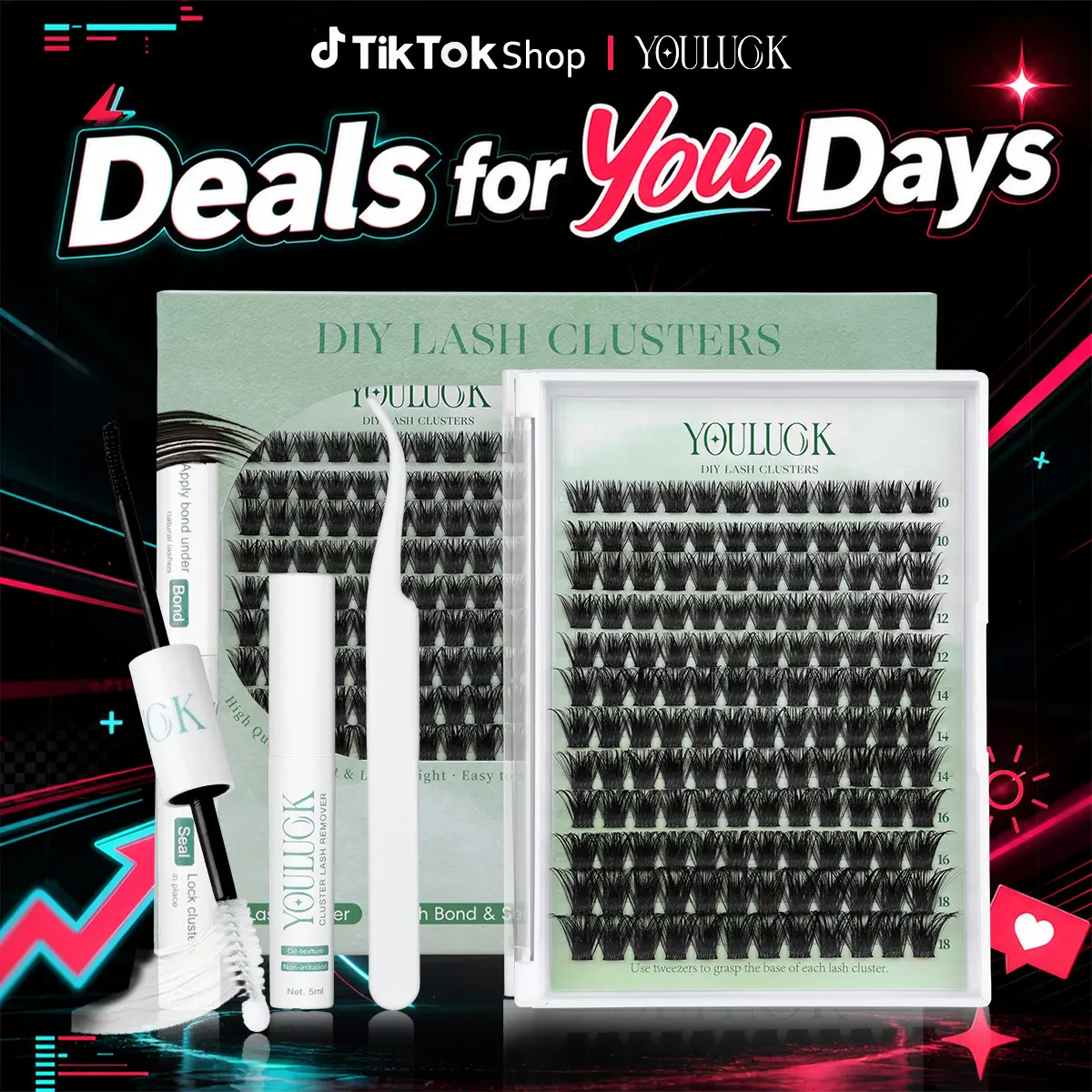 YOULUCK Popular Lash Clusters Kit with Glue Remover & Tweezer for Beginners Long-Lasting Fluffy Weightless Look Individual Eyelash Extensions Ultra-Thin Band Bond Makeup for Girls - Cosmetic