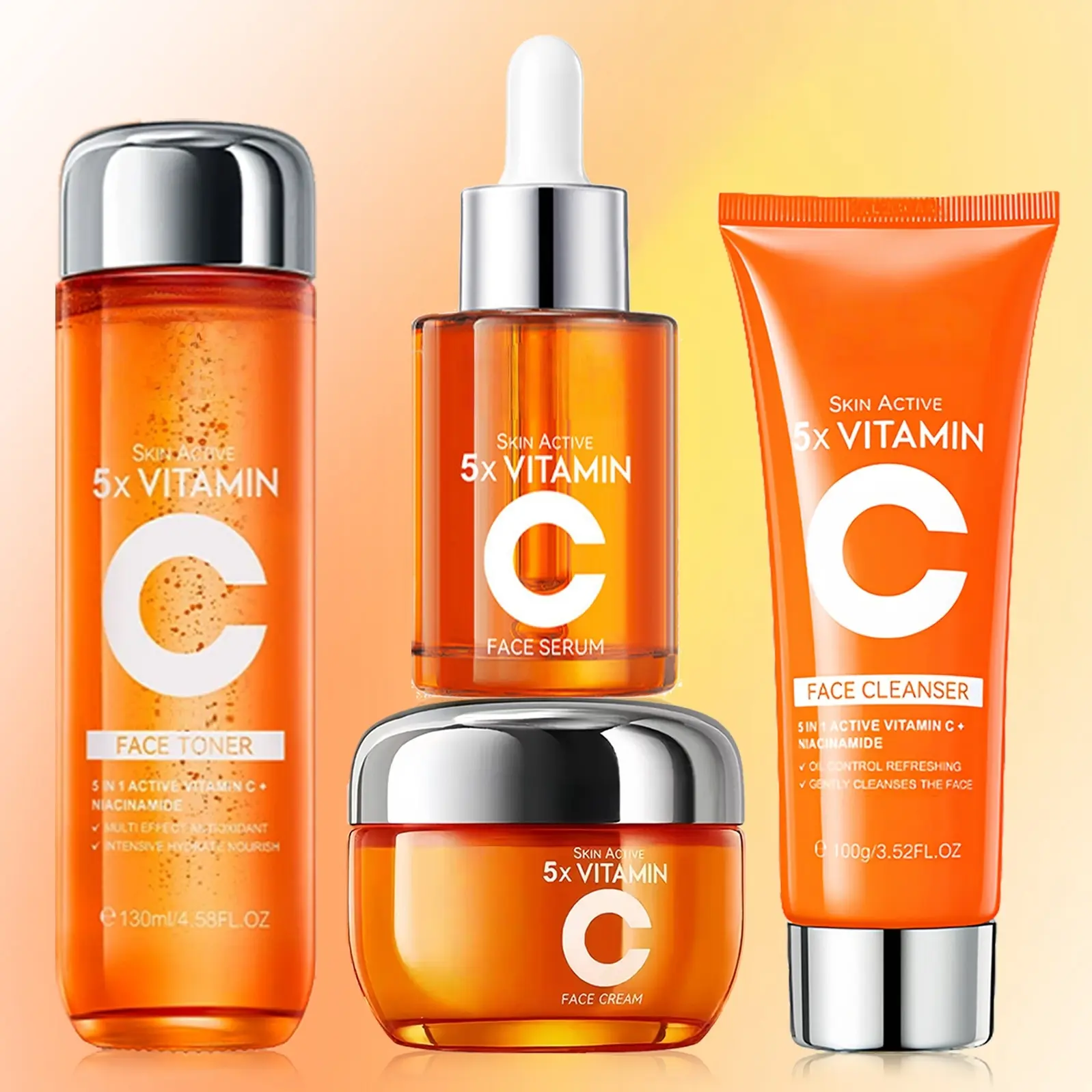 4PCS Vitamin C Brightening Face Care Products Multi-Pack - Self Care Set with Cleanser, Toner, Serum, Hydrating Moisturizer for Daily Use by Women and Men