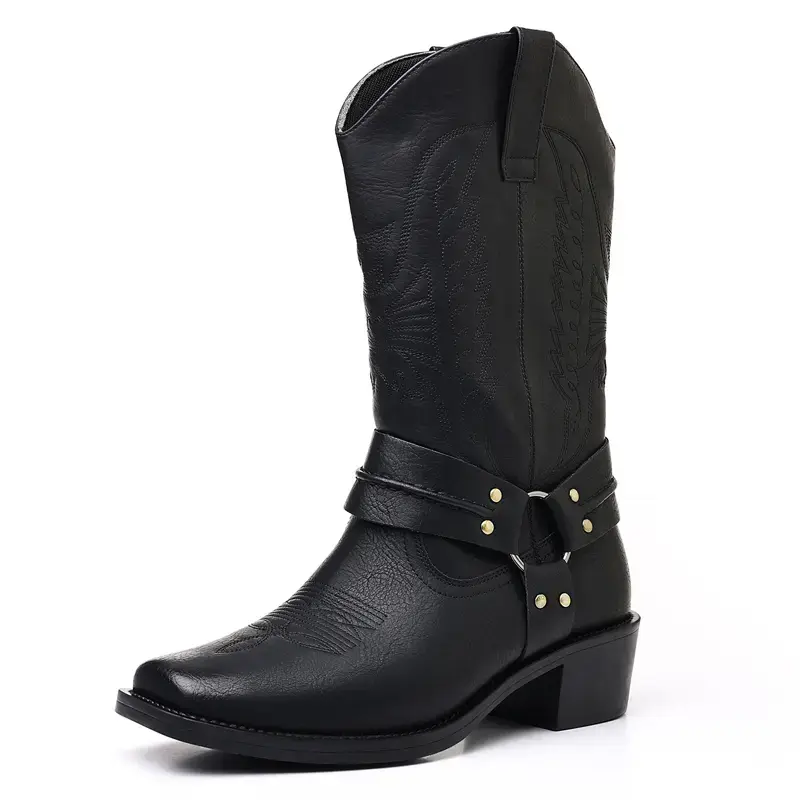 Men's Cowboy Style Footwear, Embossed PU Western AnkleBootles with Strap and Buckle, Low Heel Casual WalkingShoes