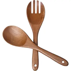 2 pcs Wooden Spoons for Cooking, 10.5 Inch Acacia Wood Salad Server Ladle Fork Set, Kitchen Serving Utensils for Tossing, Mixing and Cooking