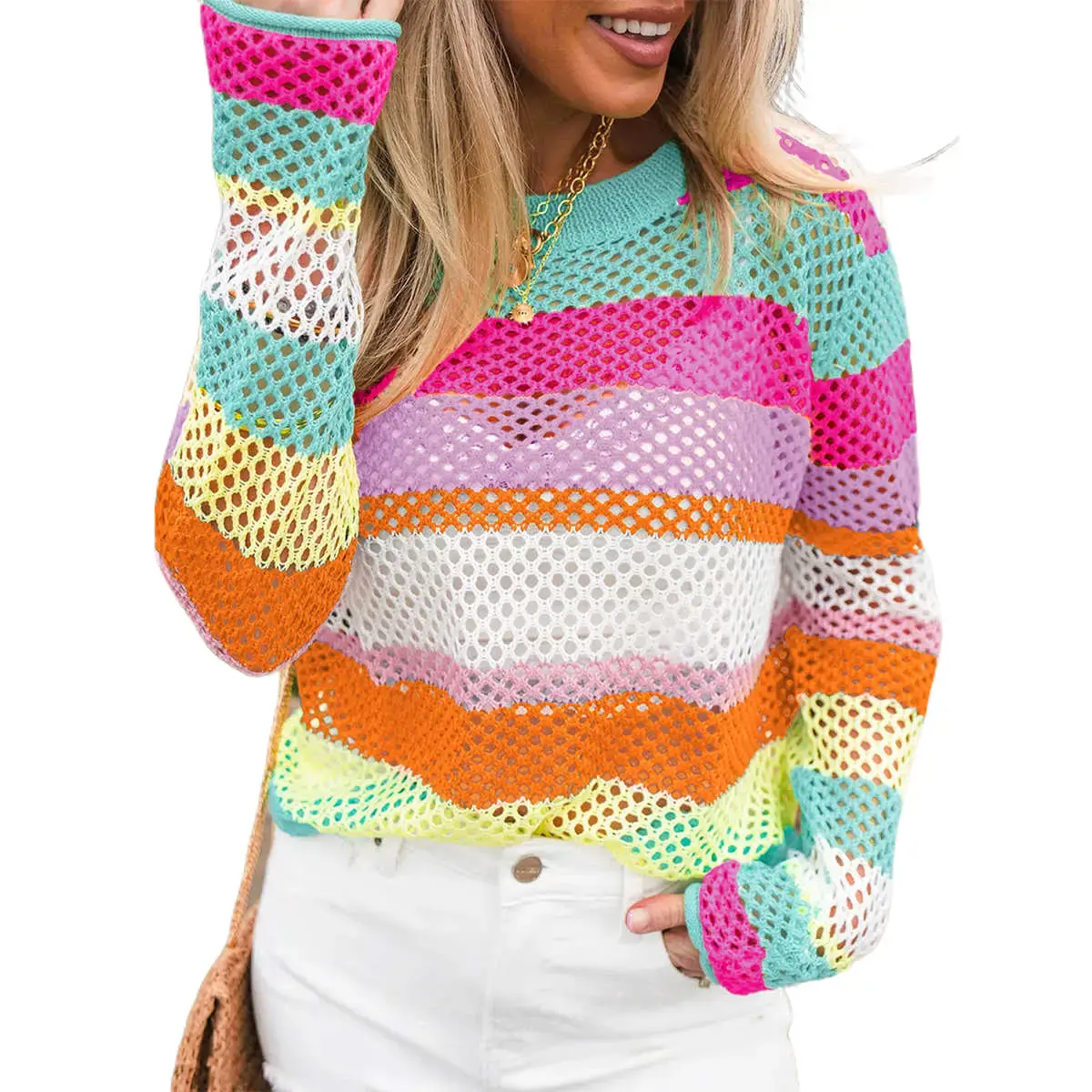 Rose Red Colorblock Patchwork Knit Crochet Eyelet Sweater - Chic Elegance Long Sleeves Tops for Women Daily Wear Casual Fashion