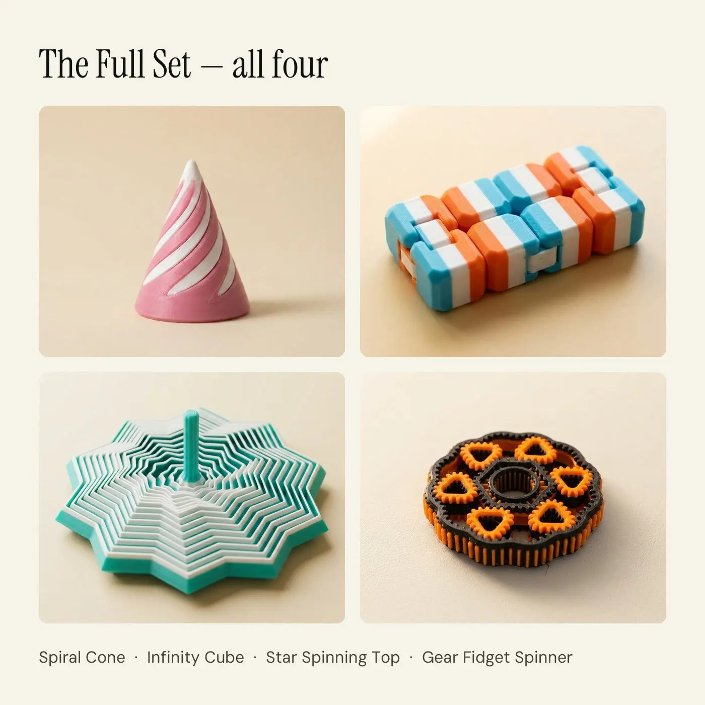 Fidget Toys Set of 4, 3D Printed Stress Relief Sensory Toys, Spiral Cone, Infinity Cube, Spinning Top, Gear Spinner, Desk Toy Gift
