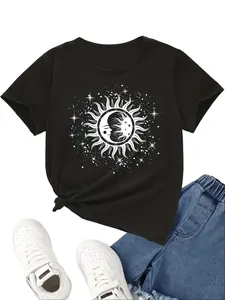 Girls' Sun and Moon Celestial Graphic T-Shirt, Mystical Starry Sky Short Sleeve Cotton Tee for Kids