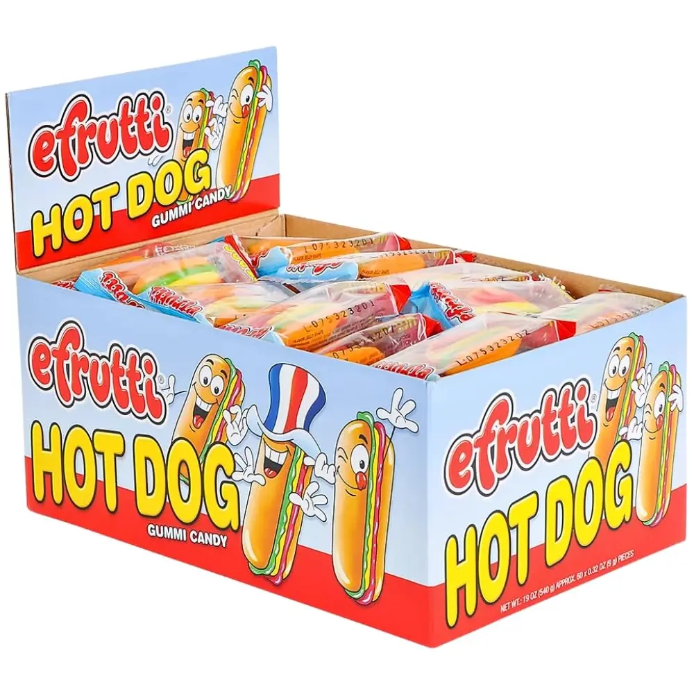 Efrutti Gummy Hot Dogs 60 ct. - Sweet and Soft Hot Dog Shaped Gummy Candy with Fruity Flavors - 60 Count Pack
