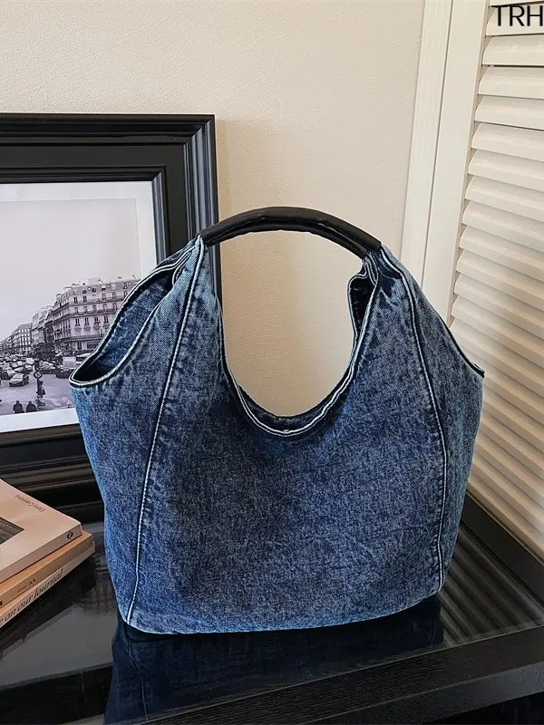 Womens Vintage Washed Denim Hobo Tote Bag, Large Capacity Casual Soft Shoulder Handbag, Minimalist Slouchy Relaxed Fit Top Handle Purse for School Work Commute Daily Travel
