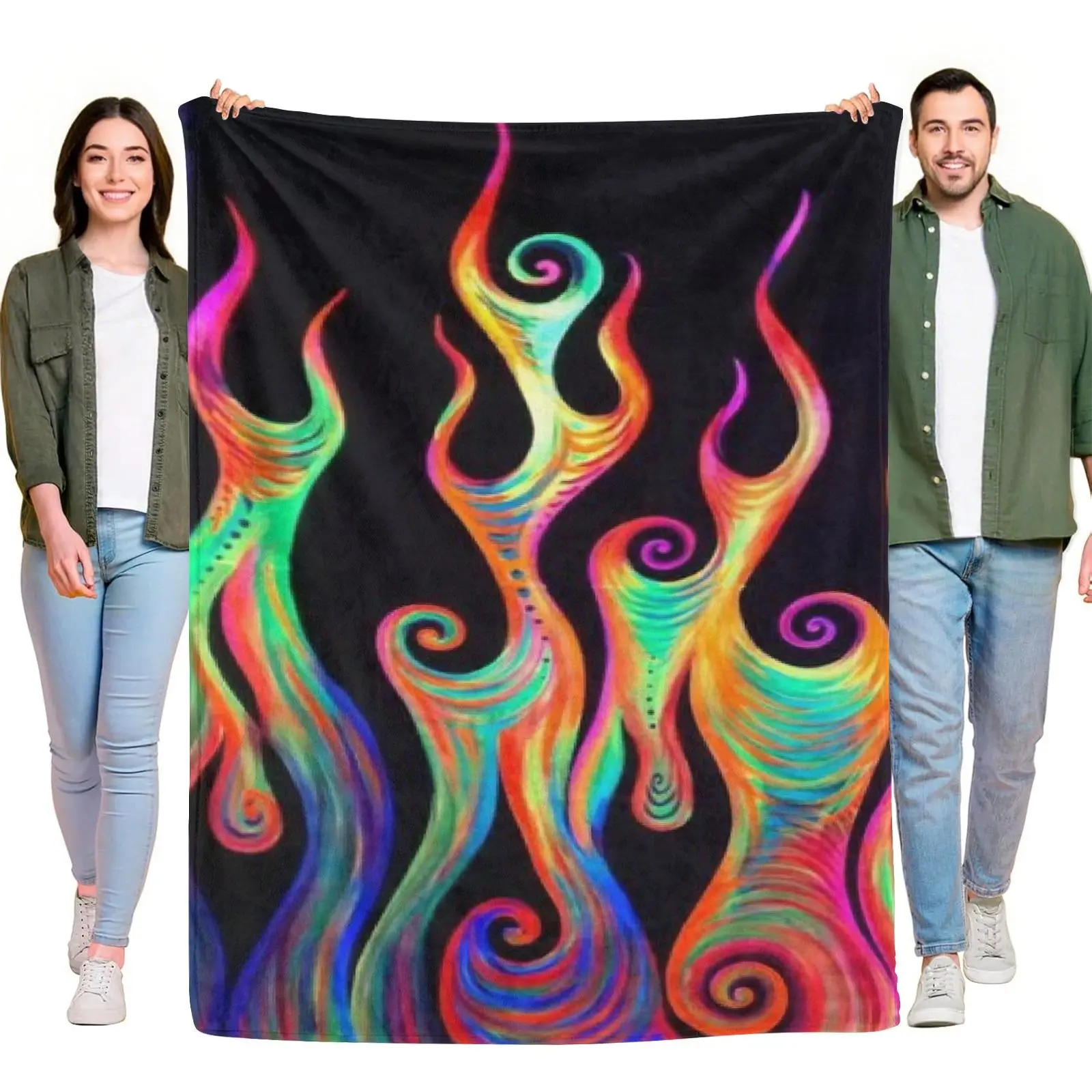 Neon Swirl Rainbow Flame Black Background Flannel Throw Blanket, Trippy Colorful Abstract Art Cozy Throw Blanket