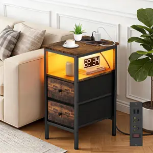 End Table with Charging Station and LED Light, Narrow Side Table with 2 Fabric Drawers, Thin Nightstand with USB Ports for Bedside, Bedroom, Living Room, Small Spaces