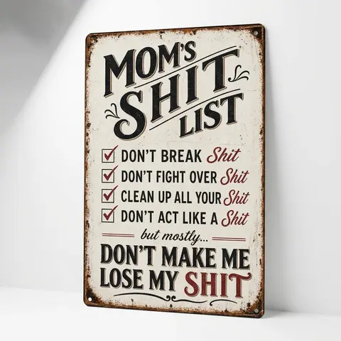 Vintage Mom Rule Rectangle Flat Aluminum Plaque - Funny Text, Mom-Rule Decor, Aesthetic Home Signs, Artistic Home Accessory, Room Accessories, Adult Gift, Kitchen To-Do Reminder, Indoor-Outdoor Wall Art