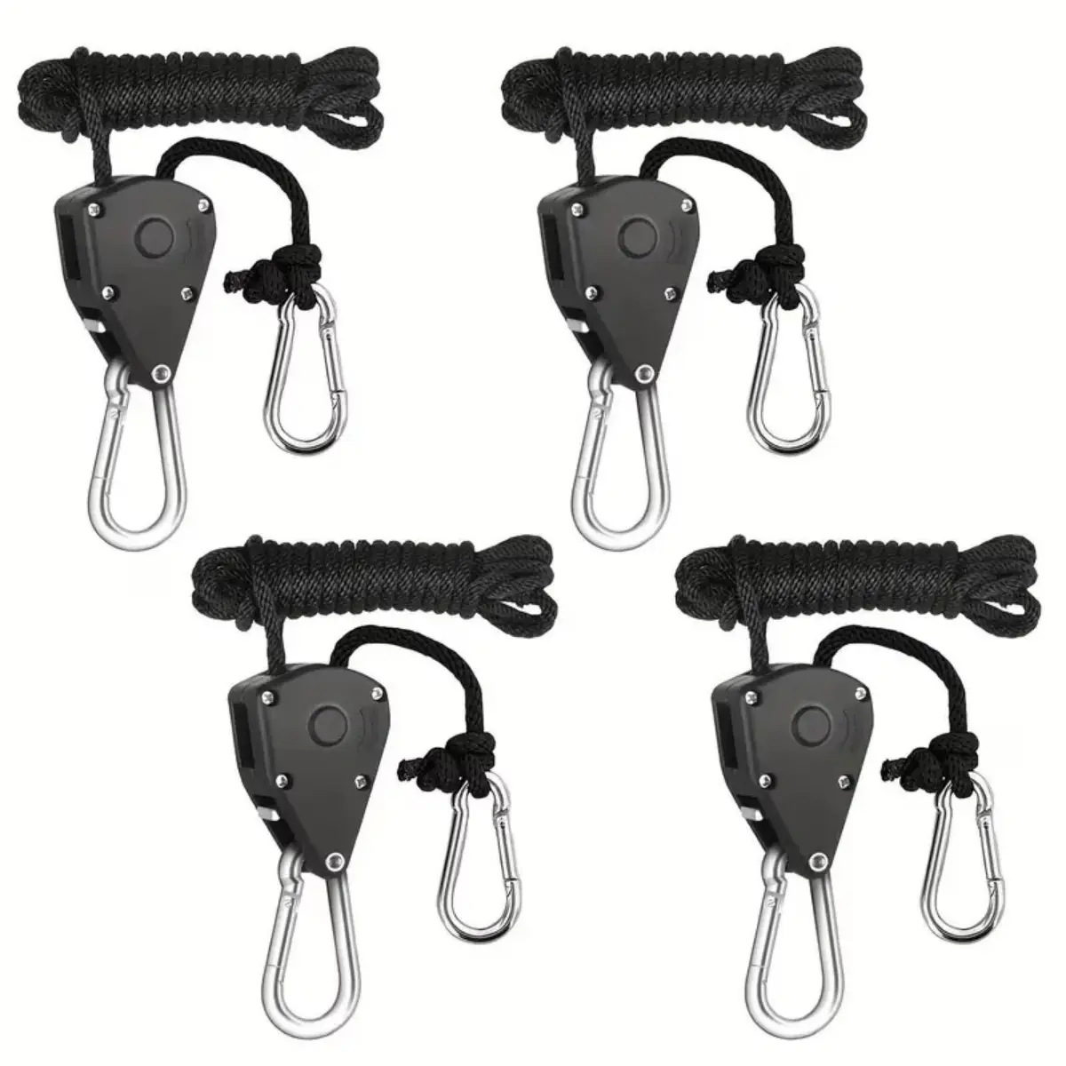 4-Pack 1/8in Retractable Ratchet Tie Down Straps, Heavy Duty Braided Polypropylene Ropes (Resists Wear) with Rustproof Metal Gear & Pulley System, Hangers for 4-Pack Setups, Hanging Grow Lights, Carbon Filters