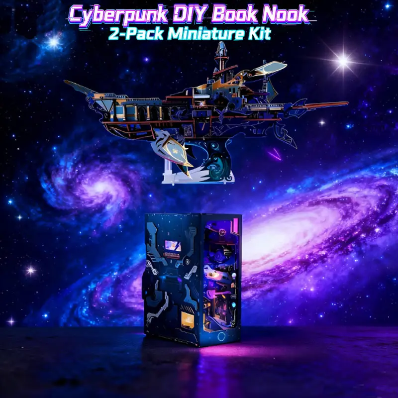 Cyberpunk DIY Book Nook 2-Pack Miniature Kit with LED Lights – Futuristic Endless Dimensions & WHALE ARK OF THE UNIVERSE Combo, Perfect Christmas & Birthday Gift for Cyberpunk Fans, Adults