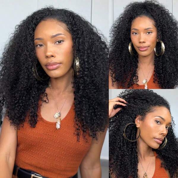 Kinky Curly Half Wig Human Hair 20 Inch 180% Density Invisible Hairline 3 In 1 Drawstring Seamless Flip Over Glueless Wigs Curly Half Wigs For Women