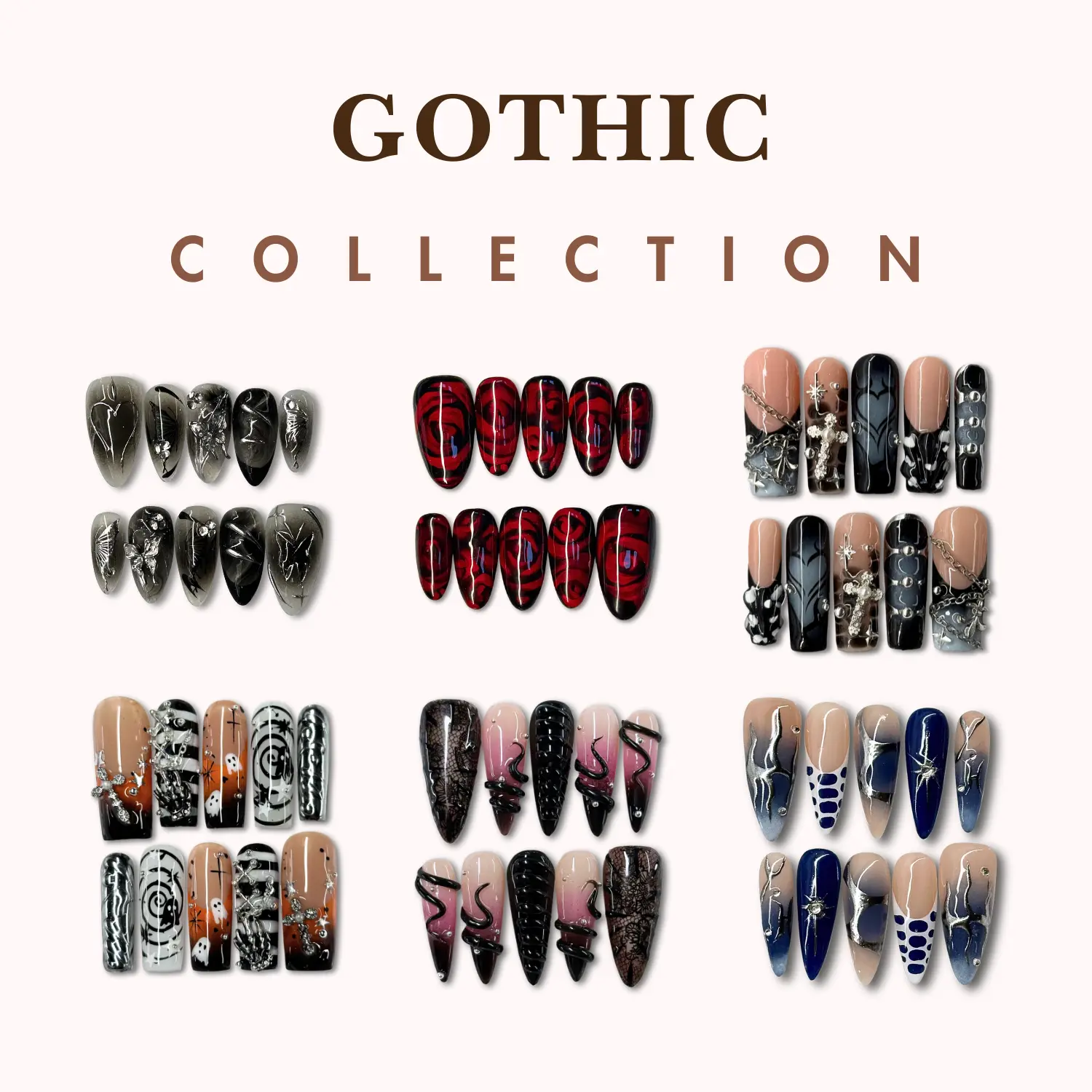 NailPhoria GOTHIC Collection - Handmade Press-On Nails | Reusable, Salon-Quality, Long-Lasting, Glossy Design