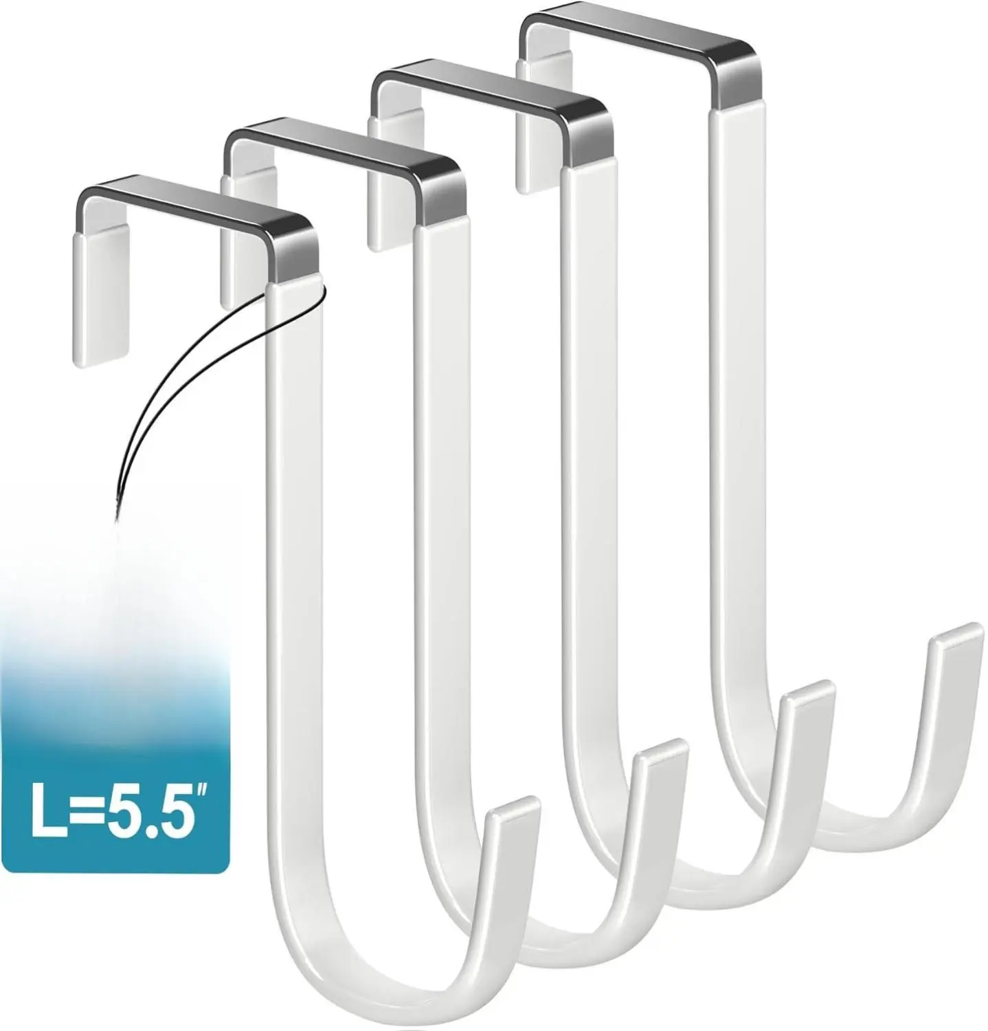 Over the Door Hooks 4Pcs, 5.5in Steel Organiser with White Rubber Coating, Adjustable Durable Holder for 1 3/8in Doors, Easy Installation for Bathroom Towels, Robes, Clothing