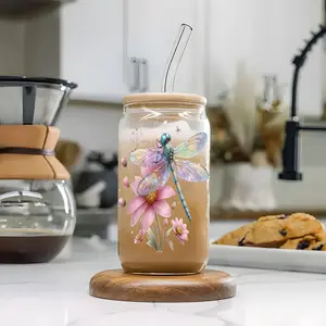 Cute Dragonfly & Floral 16oz Glass Can Cup with Lid and Straw, Reusable Glass Cup, Stylish Glass Cups, Stylish Drinkware, Glass for Iced Coffee, Cold Drinks, Perfect Gift for Nature Lovers, Family & Friends, Glass Tumbler