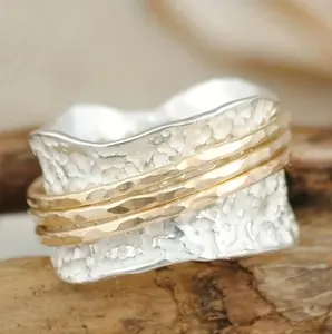 Boho Spinner Ring for Women, Hammered Wide Band Wavy Design, Stackable Textured Jewelry