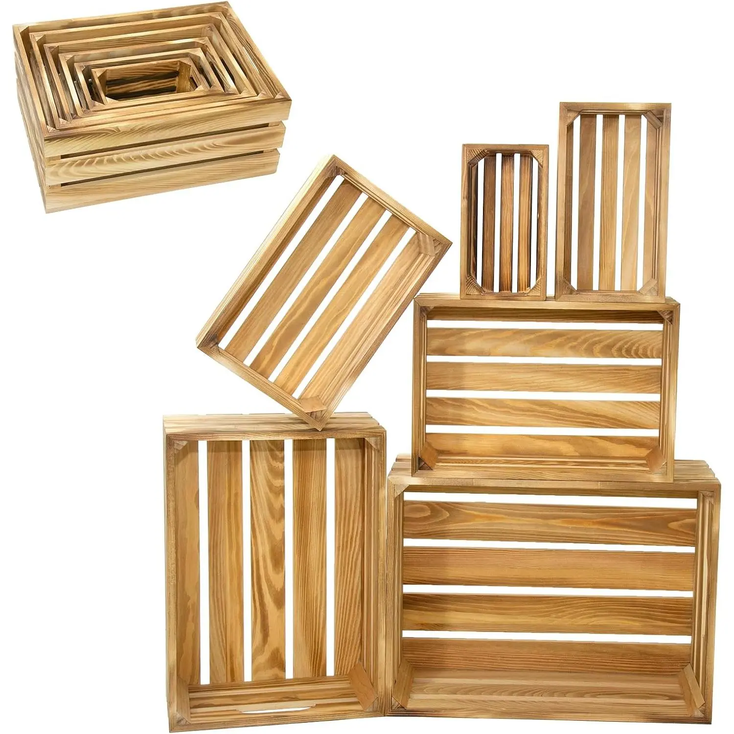 6 Pack Nesting Wooden Basket, Decorative Farmhouse Wood Crate for Storage and Container, 6 Size Wood Basket Decor Boxes