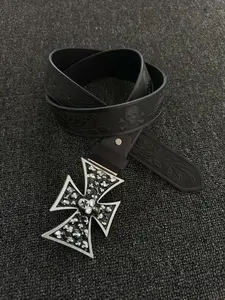 Vintage Skull Cross Metal Belt, Unique Dark Leather Strap, Street Rock Punk Fashion Accessory, Stylish Belts, Showroom Wear, Unisex Style