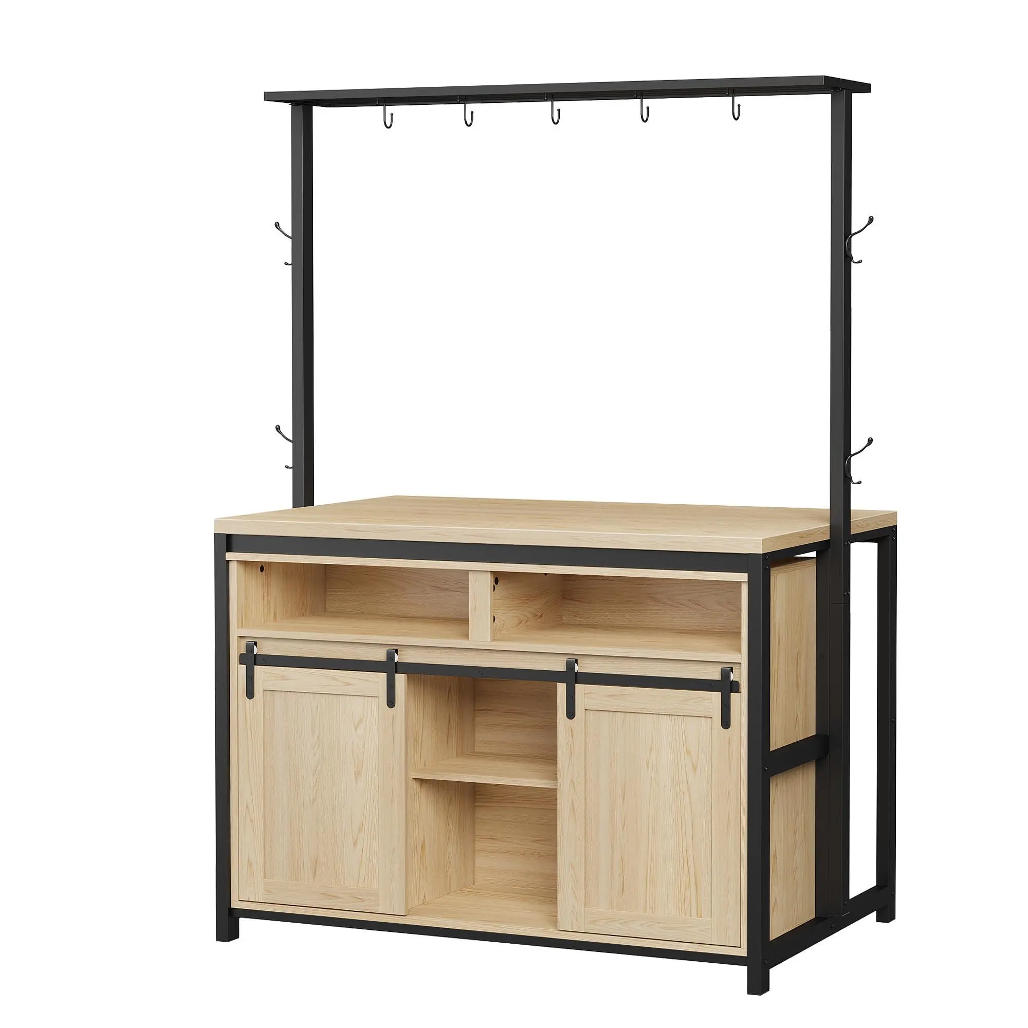 GARVEE 42'' Wood Kitchen Island, Large Island Table with Power Outlet, Sliding Barn Door, 3-Tier Storage Shelves & 9 Hooks for Kitchen Dining Room, Farmhouse Style