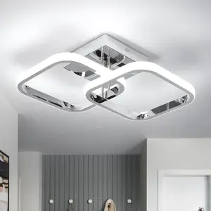 Led Hallway Ceiling Light Fixtures, Square Modern Ceiling Lamp, 6000K Chrome Finish Indoor Ceiling Lighting Fixture for Hallway Living Room Bedroom Kitchen Bathroom Ceiling Lights