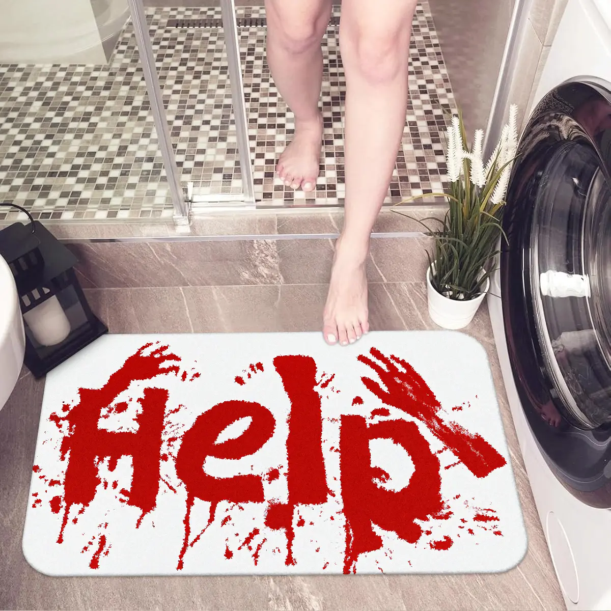 Halloween Horror Blood Handprint Bath Mat, Soft Plush Absorbent Carpet, Shocking Atmosphere Door Mat, Ideal for Bathroom Bedroom