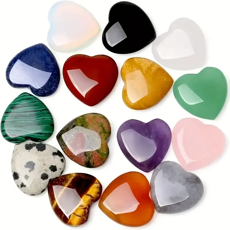 Set of 15 Hand-Carved Heart-Shaped Quartz Crystals - Assorted Natural Colors for Elegant Home Decor, a Collection of Artistic & Spiritual Accents, Unique Crystal Design, Crystal Carving, Crystal Decorative Ornaments