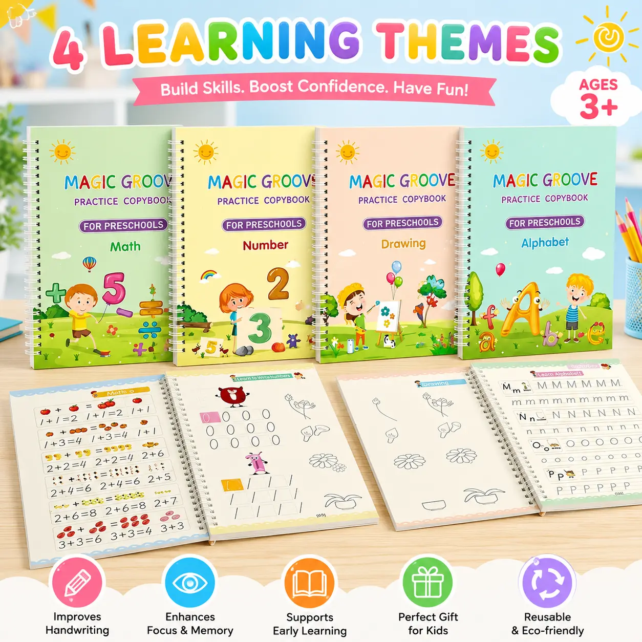4 Pcs Magic Grooved Practice Copybook, Reusable Writing Magic Book, Grooved Handwriting Workbooks, Large Practice Scribe Book Set for Kids Preschool Calligraphy Learning Number Letter Math Drawing Tracing Books