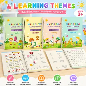 4 Pcs Magic Grooved Practice Copybook, Reusable Writing Magic Book, Grooved Handwriting Workbooks, Large Practice Scribe Book Set for Kids Preschool Calligraphy Learning Number Letter Math Drawing Tracing Books