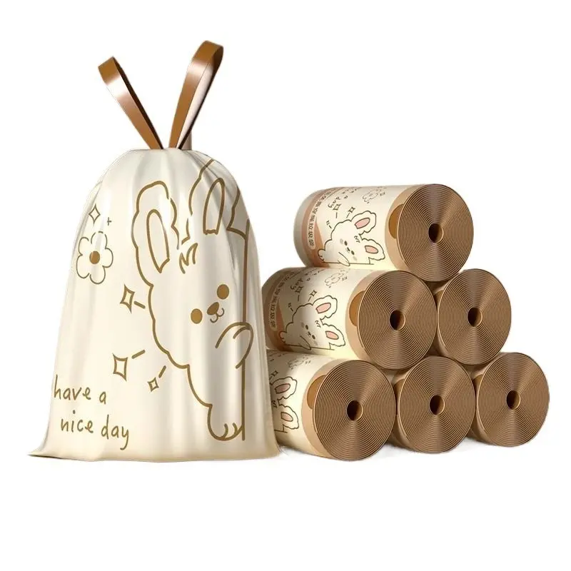 Oukais Tear-Free Drawstring Trash Bags, Thickened Household Portable Kitchen Plastic Bags with Handles for Clean Hands