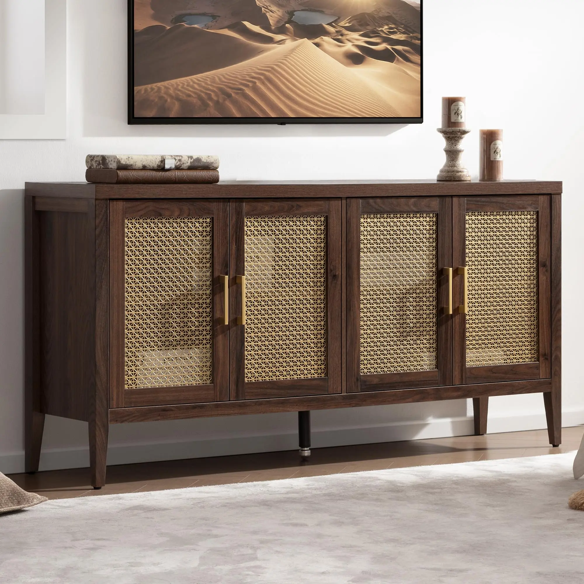 SICOTAS TV Stands for Living Room - Modern TV Console with 4 Doors Cabinet, 59" Television Stands Farmhouse Entertainment Center Media Console Credenza for 45 50 55 60 65 Inch TVs