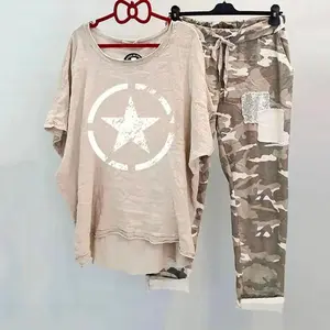 ELI Camouflage Printed Suit Women's Cotton Blend Suit Summer Printed Casual Suit O Neck Short Sleeve T-shirt Pants Set Sportswear Clothes Geometric(Rain Shoes)