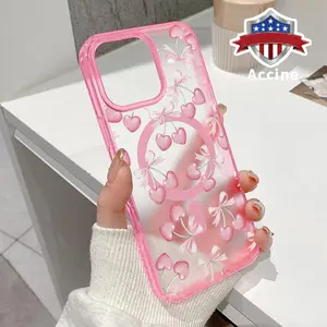 Magnetic Phone Case Supports Wireless Charging for iPhone 17 16 Pro Max 15 Plus 14 13 12 11 XS E XR Cherry Bow Delight  Pattern Shockproof Soft Silicone Transparent Cover Cellphone Protective