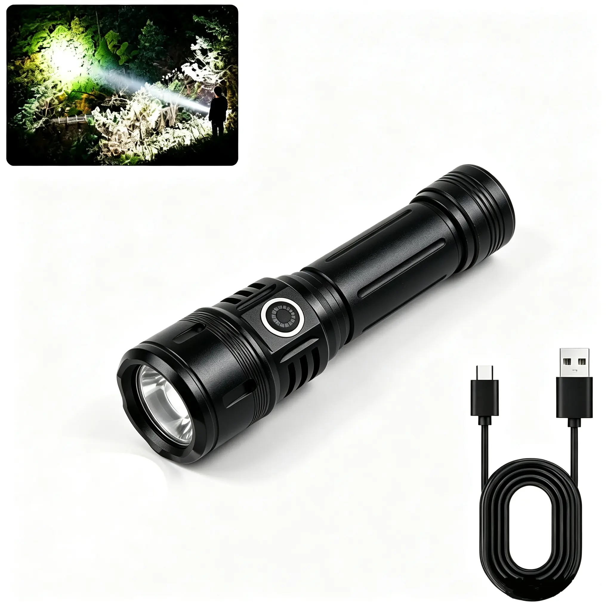 2-in-1 Strong Flashlight，2000Lumens,Rechargeable，Waterproof, Adjustable Brightness Flash Light for Outdoor, Emergency, Camping Accessories， Fire Starting Flashlight