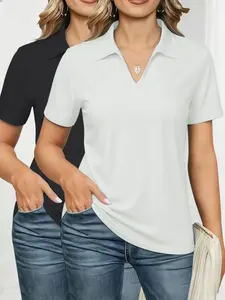 Women's Solid Color Basic Polo Shirt, Casual Short Sleeve Collared Top for Daily Wear, Ladies Clothes for All Seasons, Cute Breathable Tops