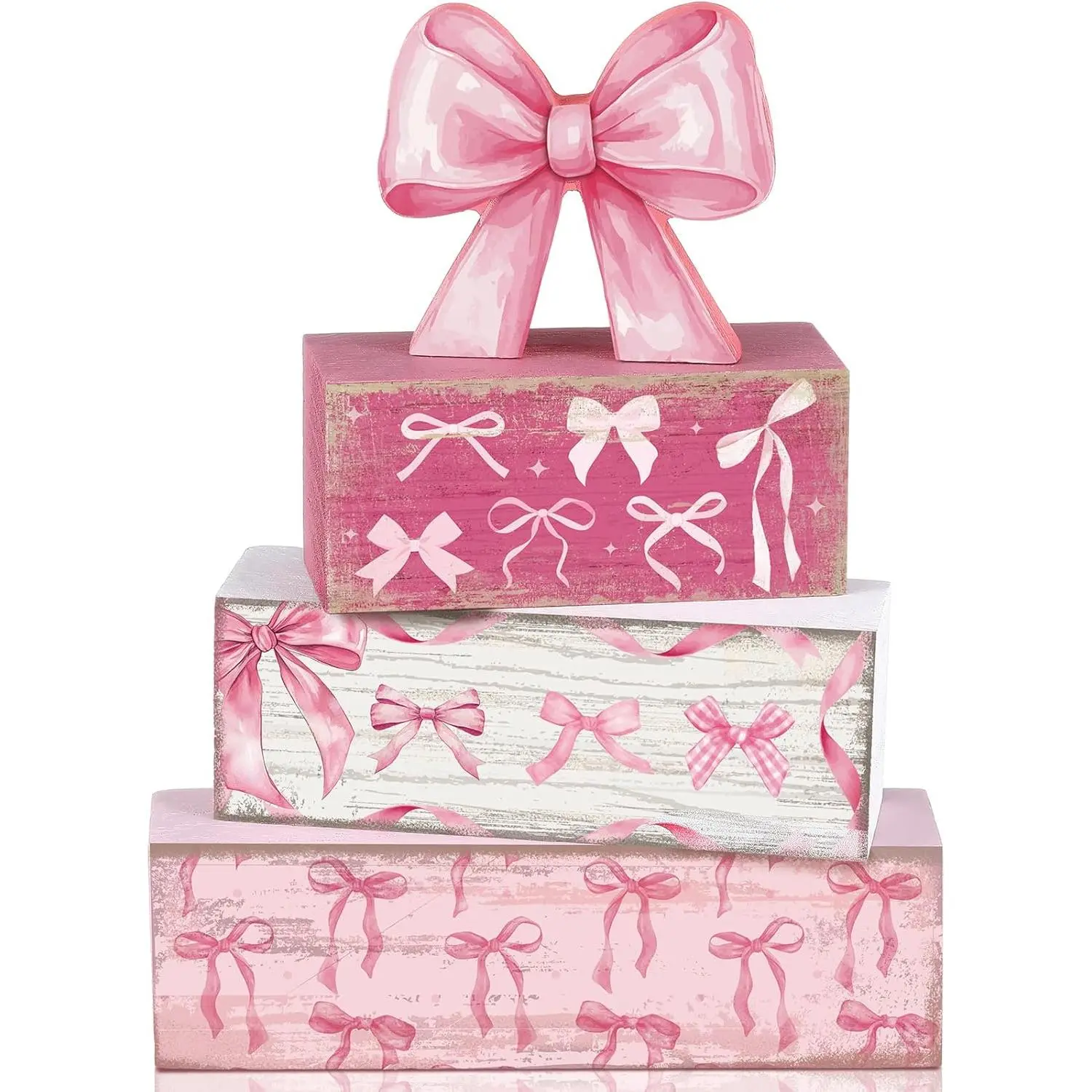 F-PSD31  4 Pcs Pink Bow Party Decorations Coquette Table Decor Wooden Pink Bow Block Sign Centerpieces for Table Girl Birthday Bachelorette Bridal Wedding Baby Shower Party Supplies Room Set