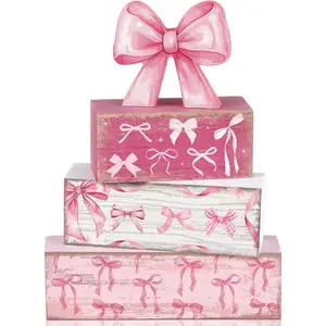 F-PSD31  4 Pcs Pink Bow Party Decorations Coquette Table Decor Wooden Pink Bow Block Sign Centerpieces for Table Girl Birthday Bachelorette Bridal Wedding Baby Shower Party Supplies Room Set