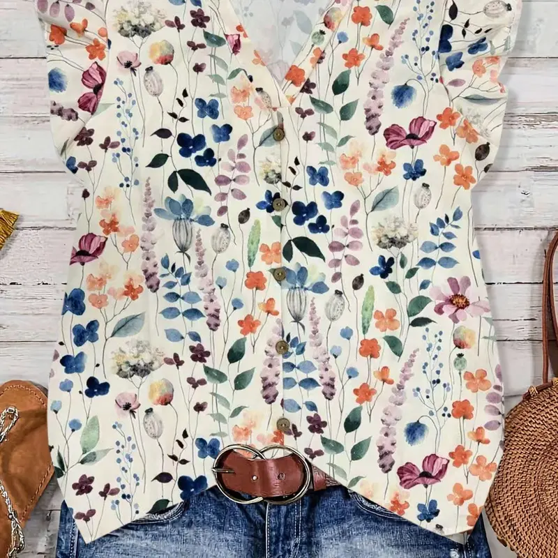 Must-Have Summer Floral Print Button Decor Shirt, Flattering V-Neck Flutter Sleeve Blouse, Boho Blouses, Versatile Bohemian Style Top for Vacation & Everyday Wear