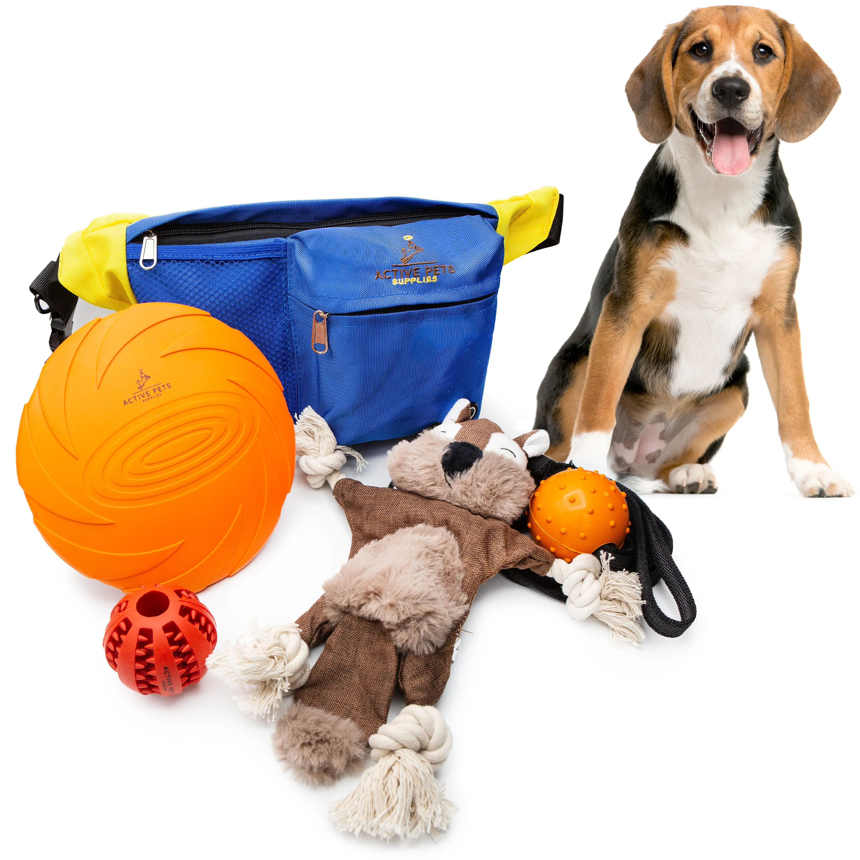 Woof Active Pets Dog Toy & Treat Pouch Bundle — Frisbee, Squeaky Toys, Rope Toy & Training Bag