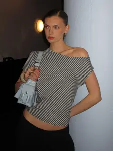 Women's Striped Print Asymmetrical Neck Tee, Casual Short Sleeve T-shirt for Summer, Fashion Women's Top for Daily Wear