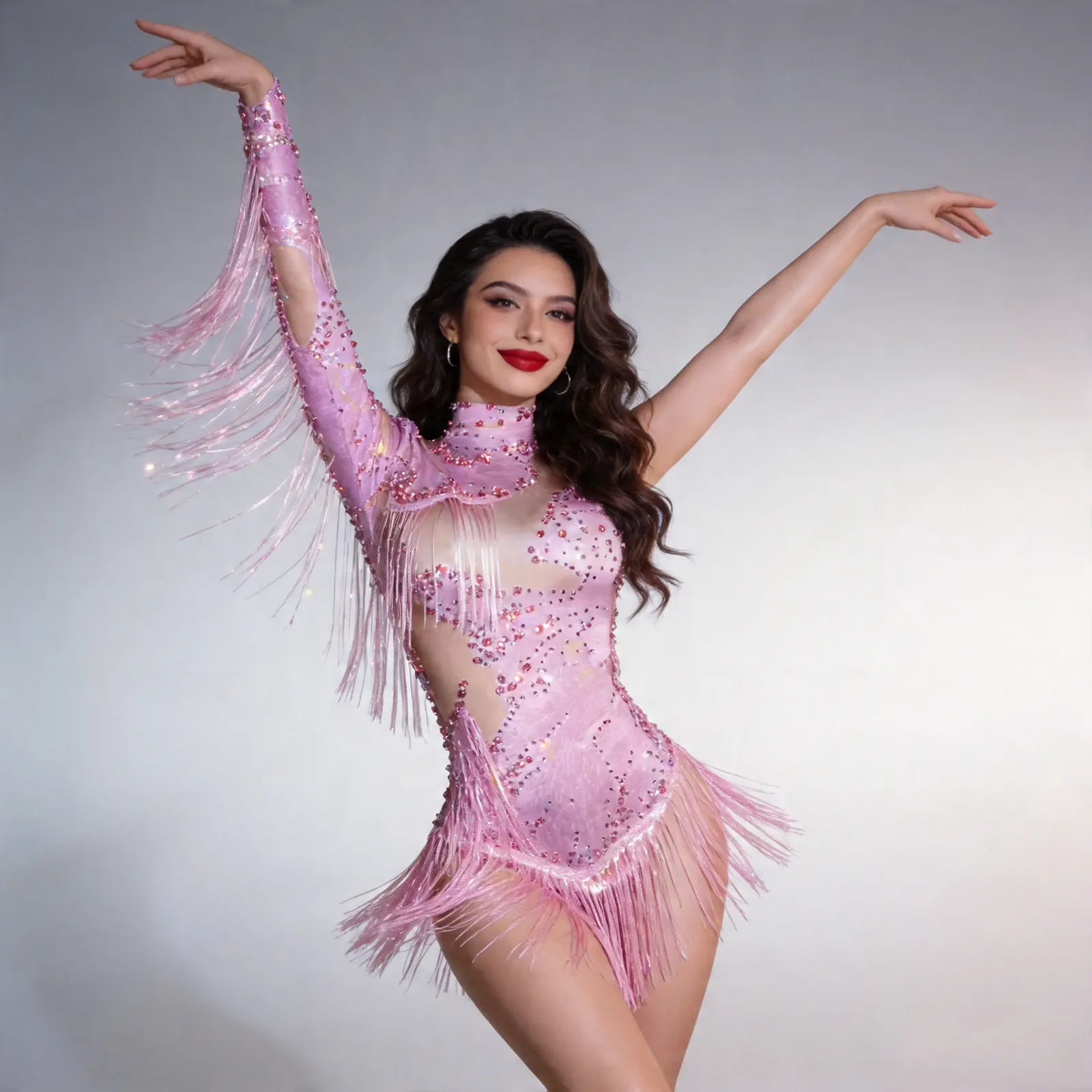 Women's 1-Shoulder Pink Fringe Sequined Leopard Print Bodysuit - Elegant Costume for Rave Parties, Stage Performances