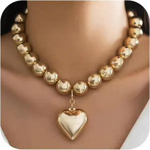 Puffy Heart Necklaces for Women Gold Chunky Beaded Necklaces Heart Charm Necklace Statement Choker Necklace for Women Valentines Day Gifts for Her